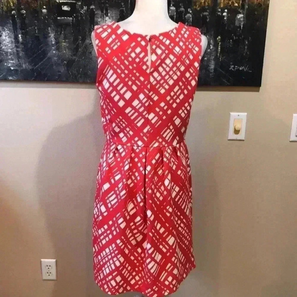Enfocus Fit & Flare Orange & White Geometric Diamond Cutout Neckline Dress 12 - Picture 2 of 10